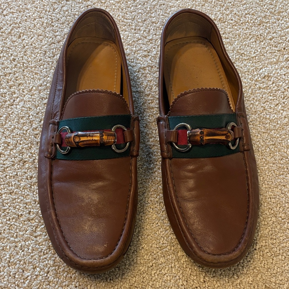 Men's Brown Leather Bit Loafers with Green Accent